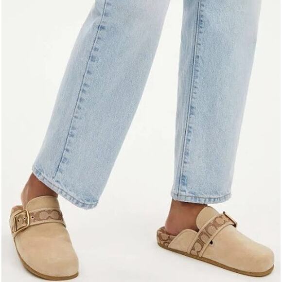 Coach Ashton Clog Signature Jacquard Logo Straps in Suede Oat Color Womens 7 - Picture 1 of 9